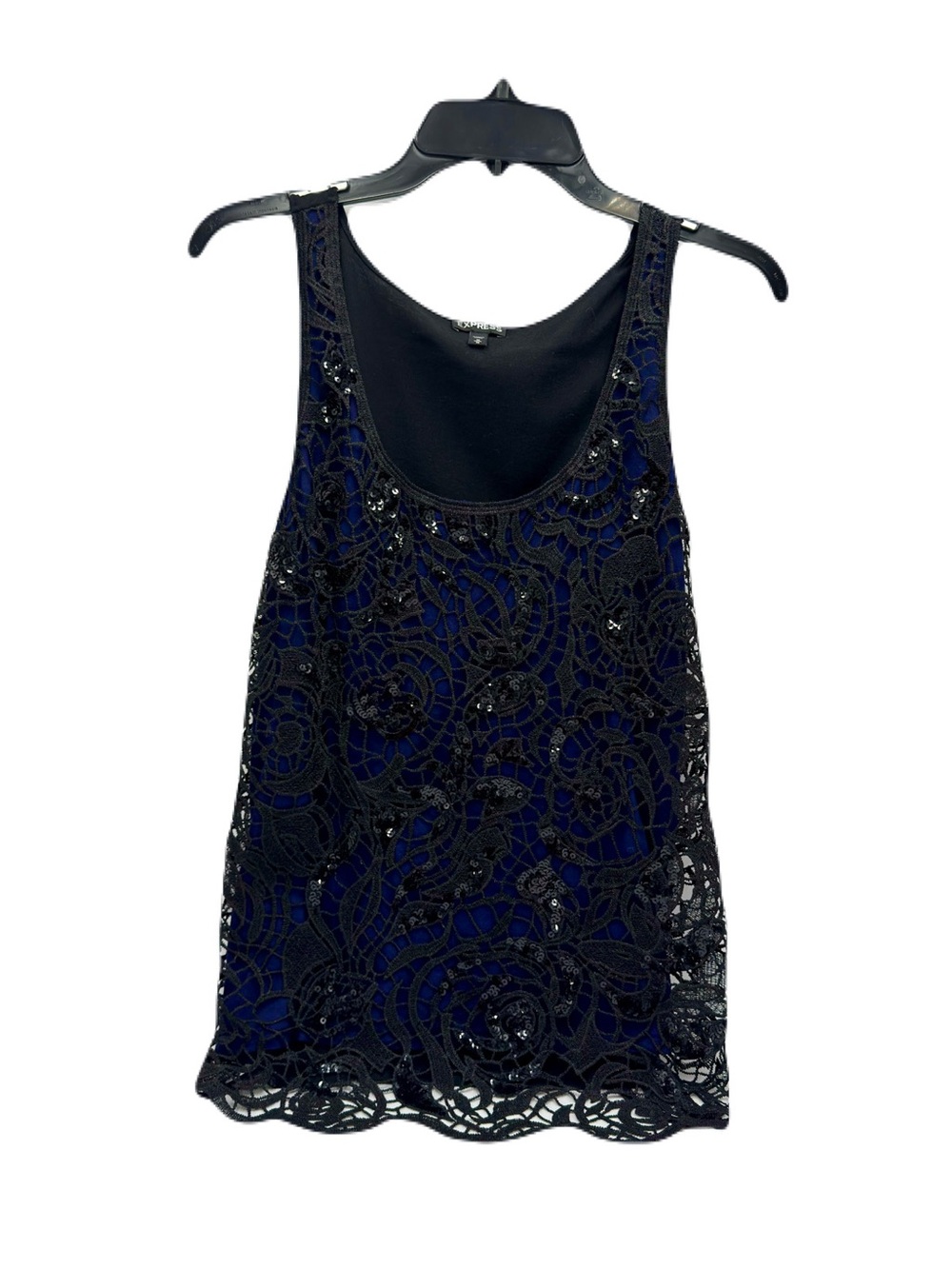 EXPRESS Sequined Lace Overlay Sleeveless Tank Top - Black/Purple, Medium